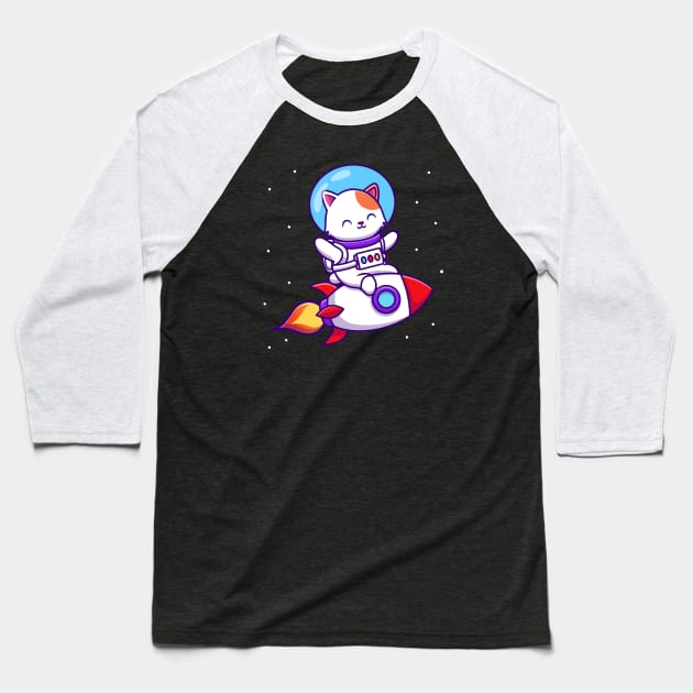 Cute Astronaut Cat Riding Rocket Cartoon Baseball T-Shirt by Catalyst Labs